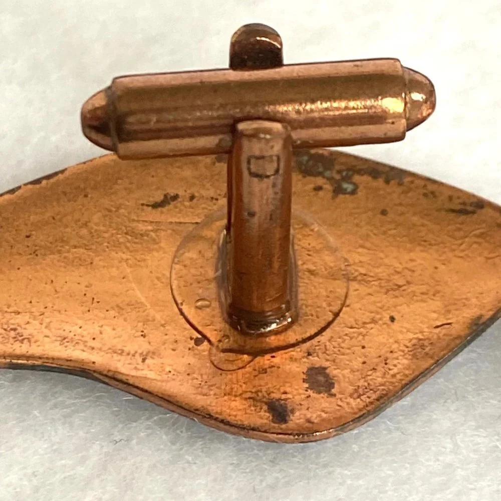 Vintage Modernist Copper Red White Enamel Fish Cuff Links READ DESCRIPTION